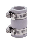 Three Quarter Inch Flexible PVC Pipe Coupling For Plastic And Copper Plumbing Connections Gray Leak Proof Chemical Resistant Built For A Fifty Year Service Life Pro Grade Fit, showing dual clamps with gray finish.