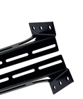 STILEALUS steel amplifier rack, black powder-coated; close-up of end mounting bracket and slotted rail