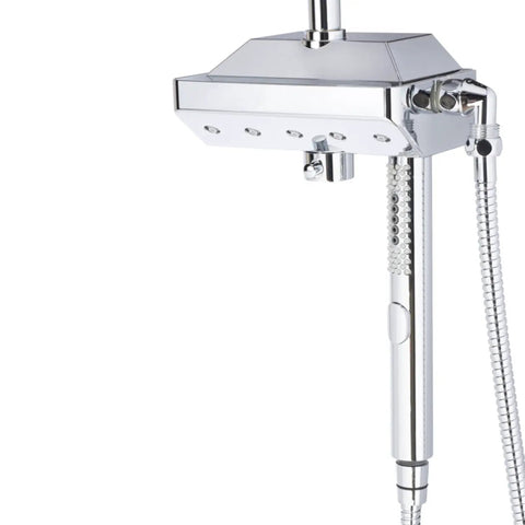 HomeStock Modern Rain Shower System with Handheld Sprayer, Oversized Head, and Air Infusion Technology, Chrome Finish close-up view.