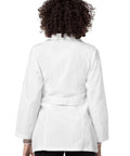 Back view of Women's Princess Cut Lab Coat 30 Inch Length With Front And Back Seams And Belt Detail, White XXS Clinic Ready.