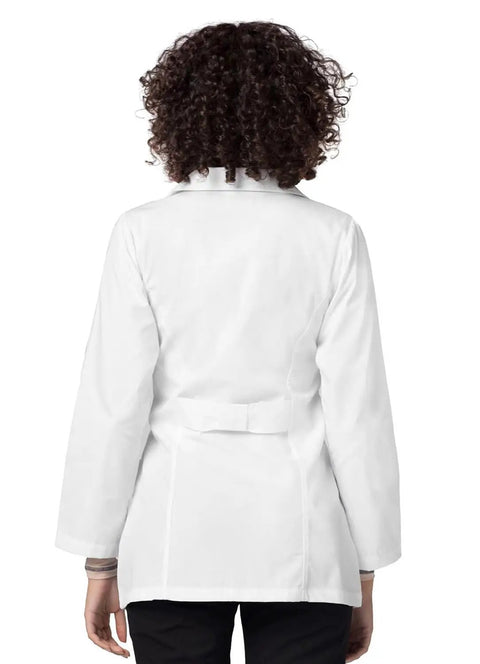 Back view of Women's Princess Cut Lab Coat 30 Inch Length With Front And Back Seams And Belt Detail, White XXS Clinic Ready.