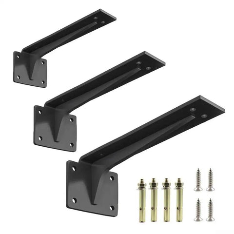 Three black steel L-shaped brackets and screws, Beefy Heavy Duty Shelf Brackets 150 To 500mm Black Steel L Shaped Wall Mount For Shelves Floating Bookcase DIY Kitchen Garage 36 Kg Per Pair Powder Coated Durable Support, side view.