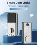 Premium Wireless Fingerprint Door Lock With Remote App Control And Cell Phone Backup Key For Seamless Home Security shown on wooden door.