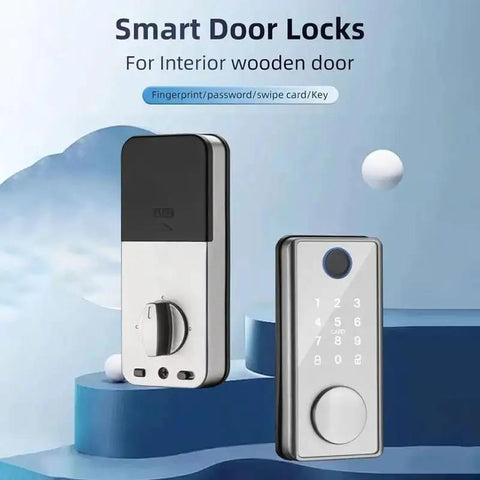 Premium Wireless Fingerprint Door Lock With Remote App Control And Cell Phone Backup Key For Seamless Home Security shown on wooden door.