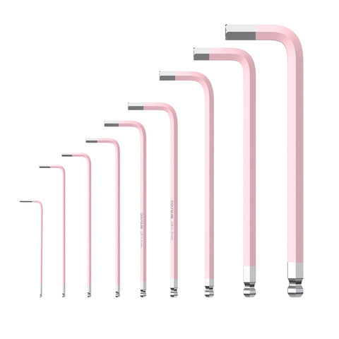 Pink 9-Piece Allen Key Set With Long Ball End Cr-V Wrenches, Color-Coded Hex Keys From 1.5mm To 10mm displayed in gradient sizes