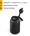 Top view of Half Gallon Stainless Steel Water Jug With Ceramic Lined Interior Double Wall Insulated Cooler Bottle Sip All Day Without That Weird Tin Taste Built Different For Weekend Getaways Black with lid open.