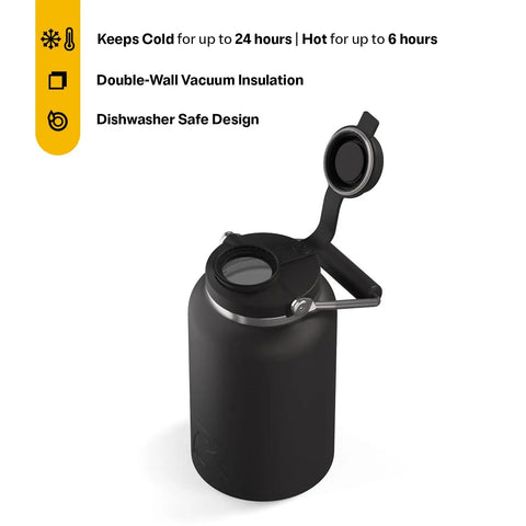 Top view of Half Gallon Stainless Steel Water Jug With Ceramic Lined Interior Double Wall Insulated Cooler Bottle Sip All Day Without That Weird Tin Taste Built Different For Weekend Getaways Black with lid open.