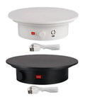Electric Rotating Display Turntable Stand For Jewelry, Cakes, Electronics Photography in black and white with USB cable.