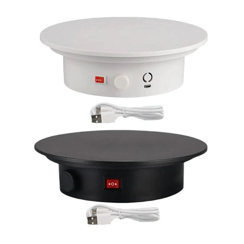 Electric Rotating Display Turntable Stand For Jewelry, Cakes, Electronics Photography in black and white with USB cable.