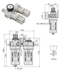Diagram and photo of Half Inch NPT Air Compressor Filter Regulator Lubricator Combo With Gauge 0 To 150 PSI, All In One Air Tool Filter.
