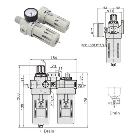 Diagram and photo of Half Inch NPT Air Compressor Filter Regulator Lubricator Combo With Gauge 0 To 150 PSI, All In One Air Tool Filter.