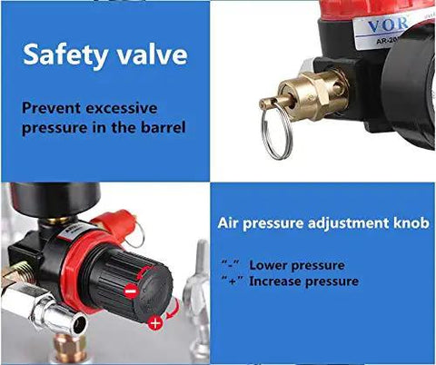 Hustle Friendly 10L Pneumatic Paint Pressure Pot With Upgraded Spray Gun showing safety valve and air pressure adjustment knob.