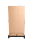 Beefy Heavy Duty Industrial Dolly With Adjustable Baffles, 660 Lb Capacity, Iron Frame, 360 Degree Swivel Casters With Ball Bearings, Ideal For Moving Furniture, Appliances, And Heavy Materials Around The Job Site., loaded with a tall cardboard box