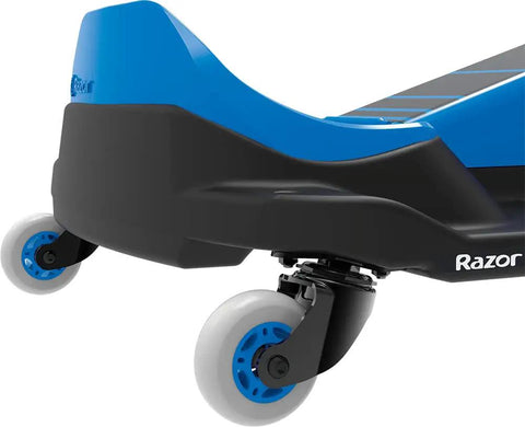 Close-up of black and blue Crazy Cart Shift Electric Go Kart for Kids Ages 6 and Up 12V Drifting System rear wheels detail