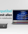 Game Changer Thunderbolt 5 Laptop Docking Station With Dual Hdmi 2.0 Ports And Quad Monitor Setup For Windows Workstations, showing USB ports and a modern laptop.