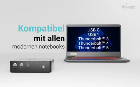 Game Changer Thunderbolt 5 Laptop Docking Station With Dual Hdmi 2.0 Ports And Quad Monitor Setup For Windows Workstations, showing USB ports and a modern laptop.