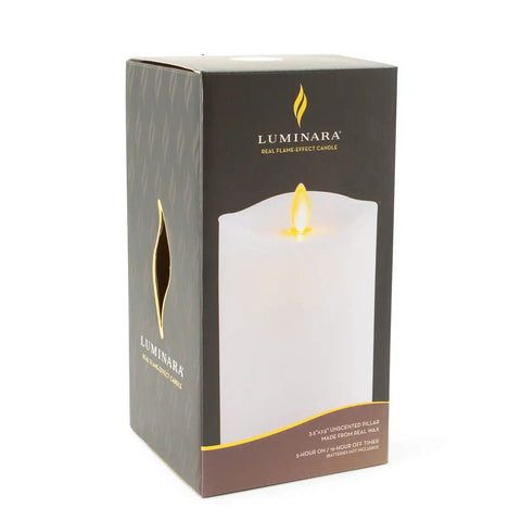 Box of Oversized Flameless Pillar Candle White Unscented Real Wax LED Battery Operated 7.5 Inch Tall with melted edge effect.