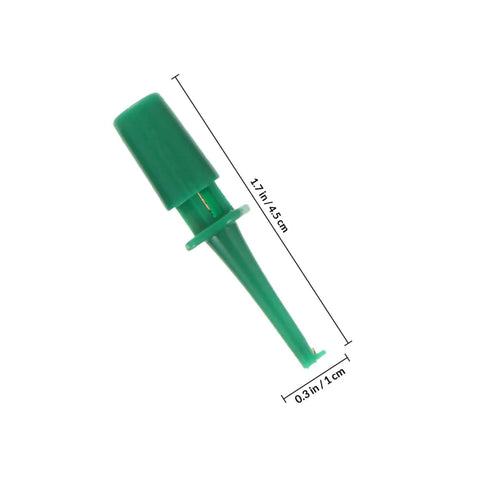 Green spring-loaded test clip measuring 1.7 inches, part of Color Coded Test Clip Probes For Multimeter Set 20 PCS Mini Grabber Leads