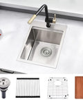 Drop In Bar Sink 15 X 21 Inch Single Bowl In 16 Gauge T304 Stainless Steel Satin Finish Heavy Duty Dent Resistant Wet Bar RV Kitchen Sink With Top Mount Design And Included Accessories Easy To Clean And Rust Resistant shown with grid and cutting board.