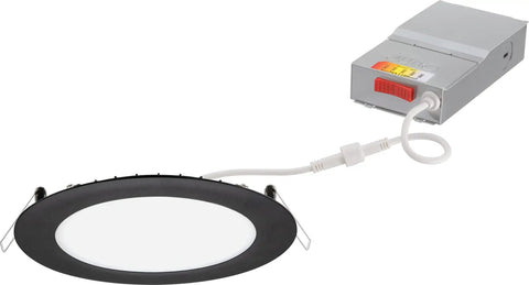 6-Inch Round LED Recessed Downlight Wafer With 5-In-1 Switchable Color Temperature, 120V, Ultra-Thin Flat Trim, Matte Black Finish, No Housings Required, Easy Remodel or New Construction Install, Energy Efficient LED with remote driver box