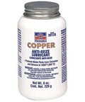 Front view of Copper Anti Seize Lubricant Pro Grade For Automotive And Industrial Use, Heavy Duty, 8 Oz bottle with instructions.