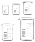 Borosilicate Glass Beaker Set With Graduated Griffin Low Form Beakers in Five Sizes 50 mL, 100 mL, 250 mL, 500 mL, and 1 L.