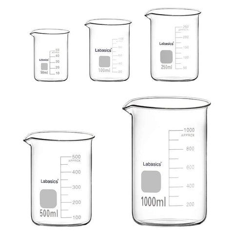 Borosilicate Glass Beaker Set With Graduated Griffin Low Form Beakers in Five Sizes 50 mL, 100 mL, 250 mL, 500 mL, and 1 L.