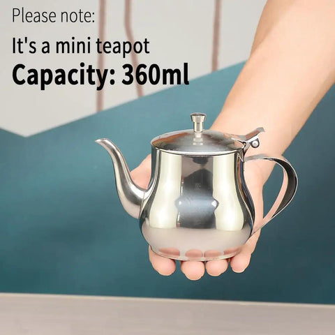 Mini 360Ml Stainless Steel Teapot For Tea And More, Ultra Compact Yet Sturdy Kitchen Pot For Coffee Olive Oil And Everyday Use, Easy Pour Design, Sleek Modern Look, Tiny But Mighty in hand against a blue background, highlighting size and design.