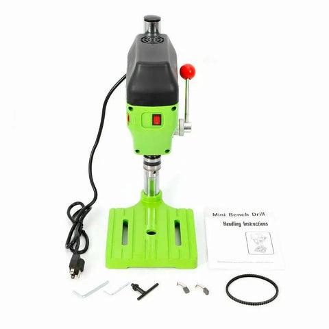 Powerful 480W Mini Bench Drill Press Machine With Dual Speed Settings Up To 11000 RPM for drilling wood, plastic, aluminum, and metal.