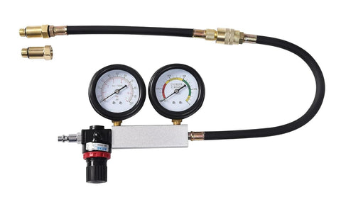ZEAJSRU cylinder leak-down tester kit with dual gauges, pressure regulator, spark plug adapters M10–M18