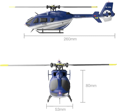 C187 RC Helicopter For Adults And Beginners With Optical Flow Positioning, side and front view dimensions shown