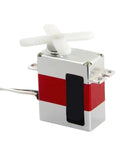 Real Deal Tiny Serial Bus Servo Motor With 300 Degree Spin, 20 Gram Coreless Micro Servo with red and silver bulletproof shell.