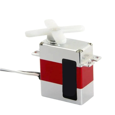 Real Deal Tiny Serial Bus Servo Motor With 300 Degree Spin, 20 Gram Coreless Micro Servo with red and silver bulletproof shell.