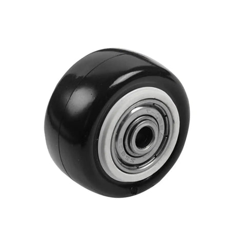 Close-up of a single black wheel from Four Pack 1.5 Inch Stem Casters With Double Bearing Sleeve for furniture and storage.