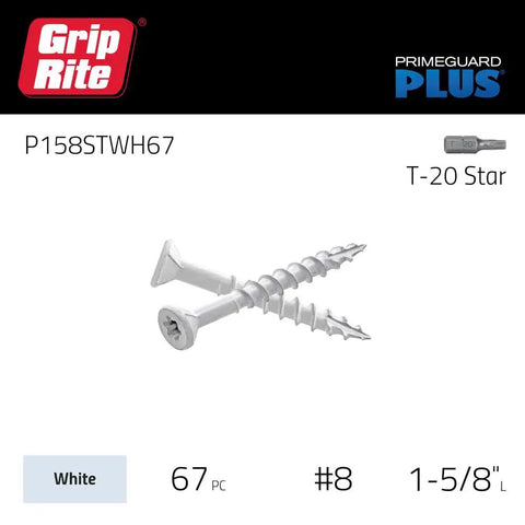 PrimeGuard Plus Exterior Deck Screws For Outdoor Projects With Bugle Head And T25 Star Drive Coarse Thread Wood Screws 8 X 1-5/8 Inch White 67 Count Box For Quick Self Starting No Pre Drill Install