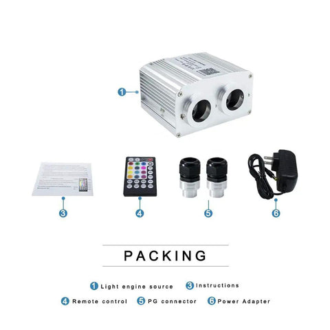 Dual Port 16W Twinkle Fiber Optic Starlight Light Engine With RGBW Beads, Sound Activated Dance Lights packing set