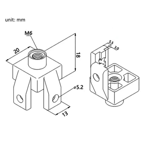 Technical drawing of Four Pack 2020 Aluminum Extrusion T Slot Foot Connectors With M6 Bolts And Nuts For 20 Series Leg Feet