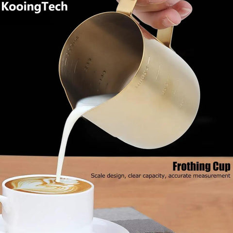 Pouring milk from Gold 350Ml Stainless Steel Milk Frothing Cup With Clear Scale For Home Or Office Use Barista Grade Milk Frother Pitcher