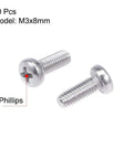Heavy Duty M3x8 Millimeter Pan Head Machine Screws With Phillips Cross Drive Recess In Premium 304 Stainless Steel showing two screws.