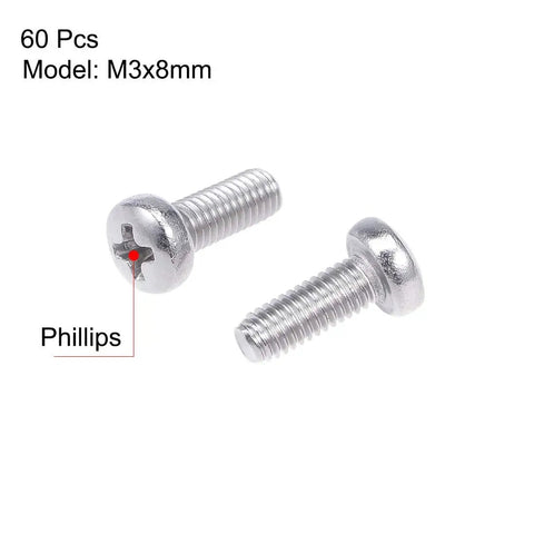 Heavy Duty M3x8 Millimeter Pan Head Machine Screws With Phillips Cross Drive Recess In Premium 304 Stainless Steel showing two screws.