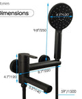 Dope Matte Black Wall Mount Bathtub Faucet With Hand Shower And Long Reach Spout dimensions and components detailed view