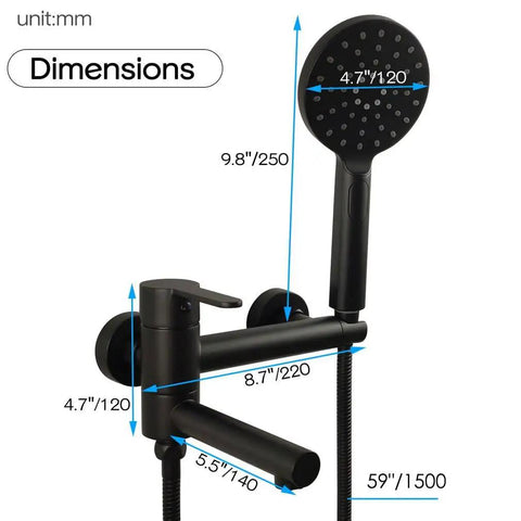 Dope Matte Black Wall Mount Bathtub Faucet With Hand Shower And Long Reach Spout dimensions and components detailed view