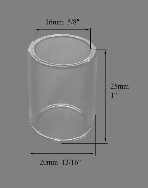 Extensive TIG Gas Lens Collet Bodies Kit For SR WP Series Weld Torch, clear quartz nozzle, 25mm high, 20mm wide, shown with dimensions.