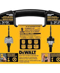 Front view of DEWALT 9-piece bi-metal hole saw kit case in yellow and black for wood, metal, and plastic.