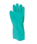 Heavy Duty Chemical Resistant Nitrile Gloves With Cotton Flock Liner, 15 Mil Thick, green, medium, front view