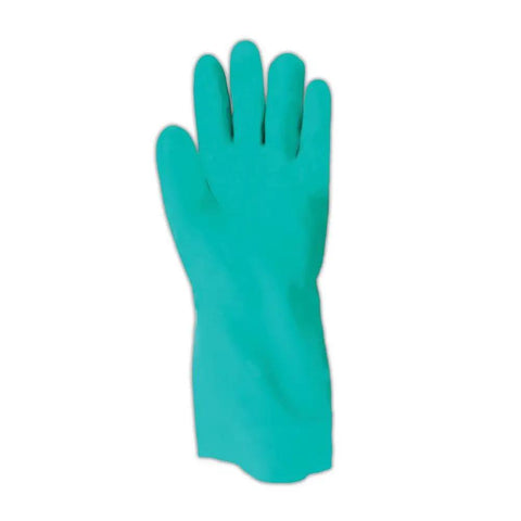 Heavy Duty Chemical Resistant Nitrile Gloves With Cotton Flock Liner, 15 Mil Thick, green, medium, front view