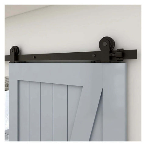 Sliding barn door with black industrial T style track rollers, part of 4 Ft To 20 Ft Sliding Barn Door Rail System Hardware Kit For Double Wood Doors.
