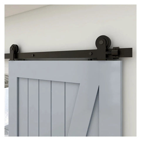Sliding Barn Door Hardware Kit 4 Ft To 20 Ft Rail System With Industrial Track And T Style Rollers on a blue wooden door