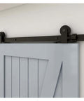 Sliding Barn Door Hardware Kit 4 Ft To 20 Ft Rail System Industrial Track With T Style Rollers and Hangers installed on door