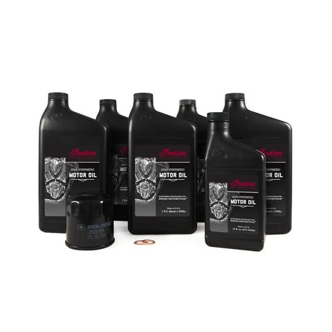 Oil Change Kit For Chieftain Roadmaster Chief Springfield Thunderstroke 111 And 116 Engines With 6 Quarts 20W40 Semi Synthetic Motor Oil One Oil Filter And Two Washers For Quick Easy Road Trip Ready Maintenance image of bottles, filter, and washers.